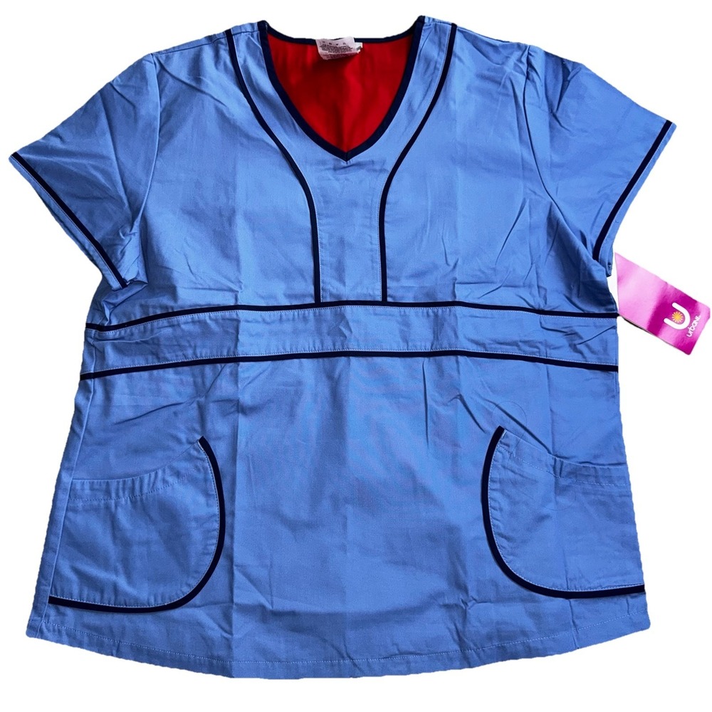 Urbane Scrubs Women's Contrast Trim V-Neck Medical Scrub Top Blue/Navy XL